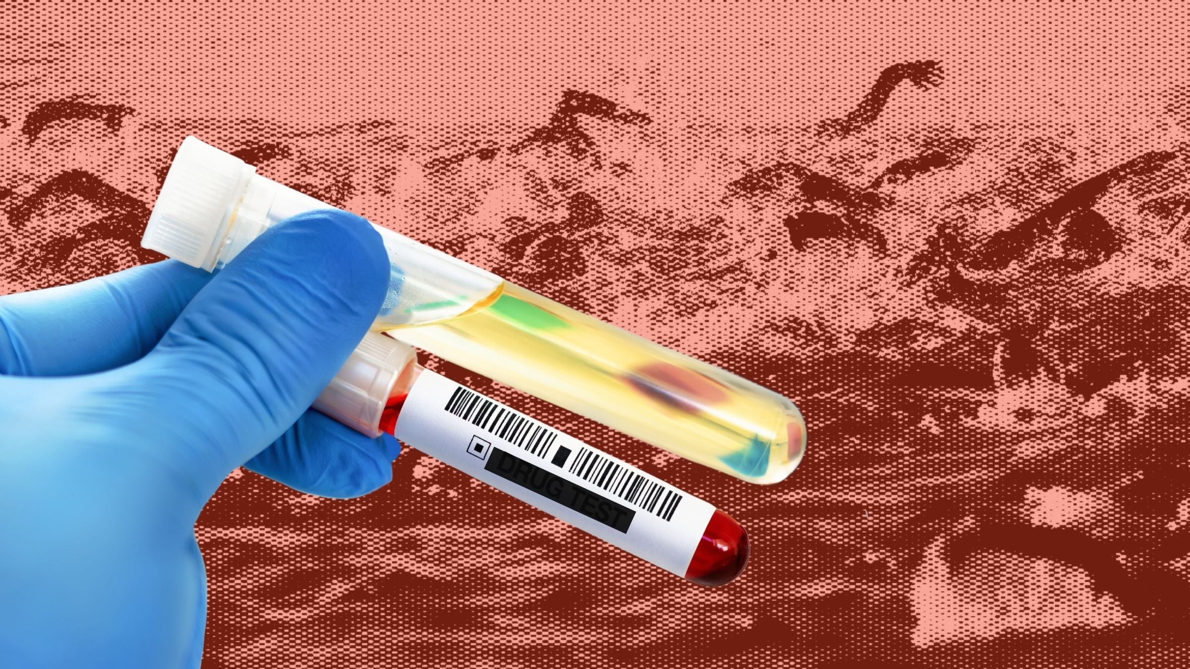 A drug test in front of an image of a triathlon.