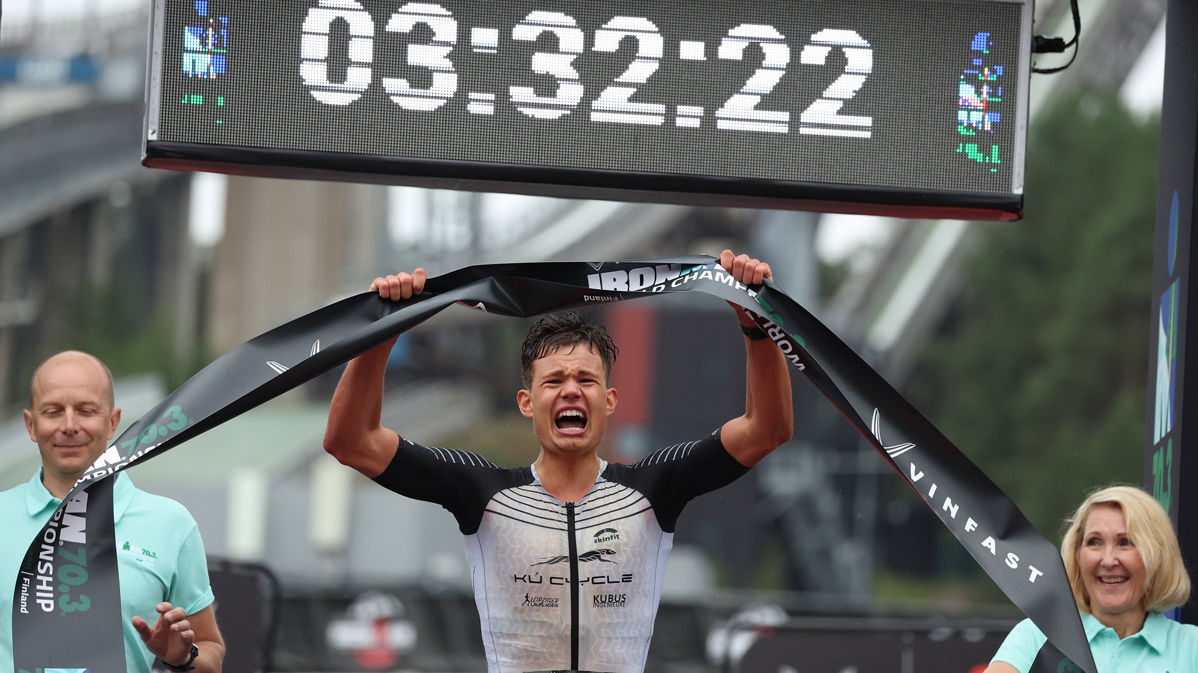 German Rico Bogen celebrates winning the 2023 Ironman World Championship.