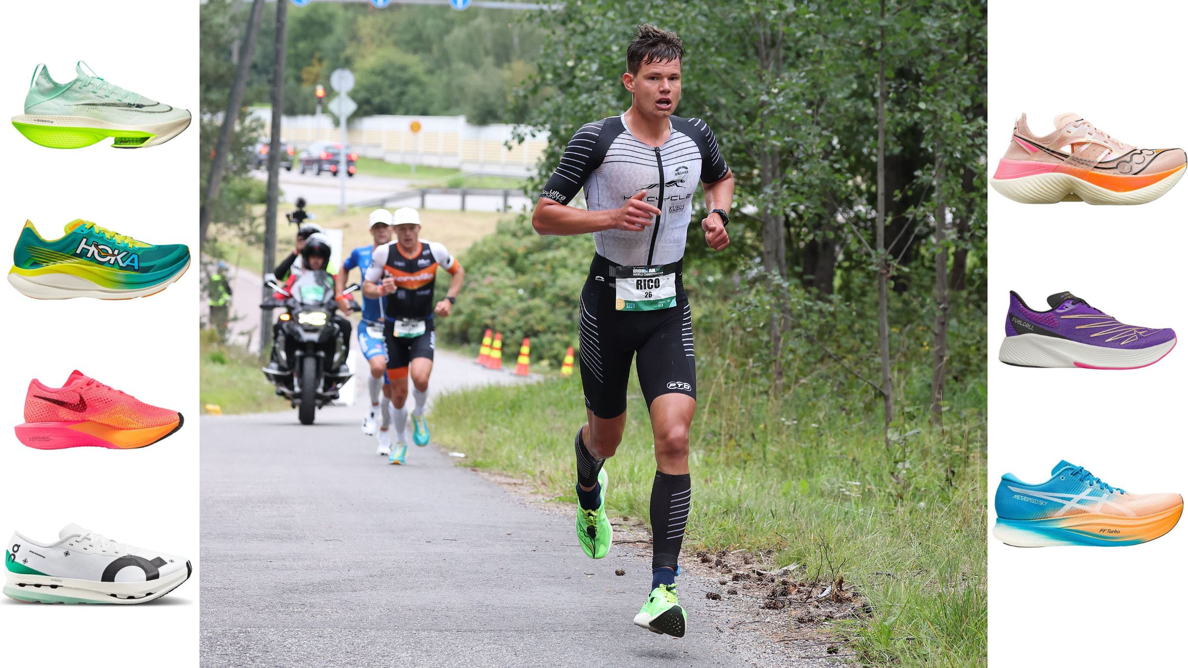 Rico Bogen runs at Ironman 70.3 World Championship triathlon, followed by more triathletes. All are wearing the fastest running shoes in triathlon