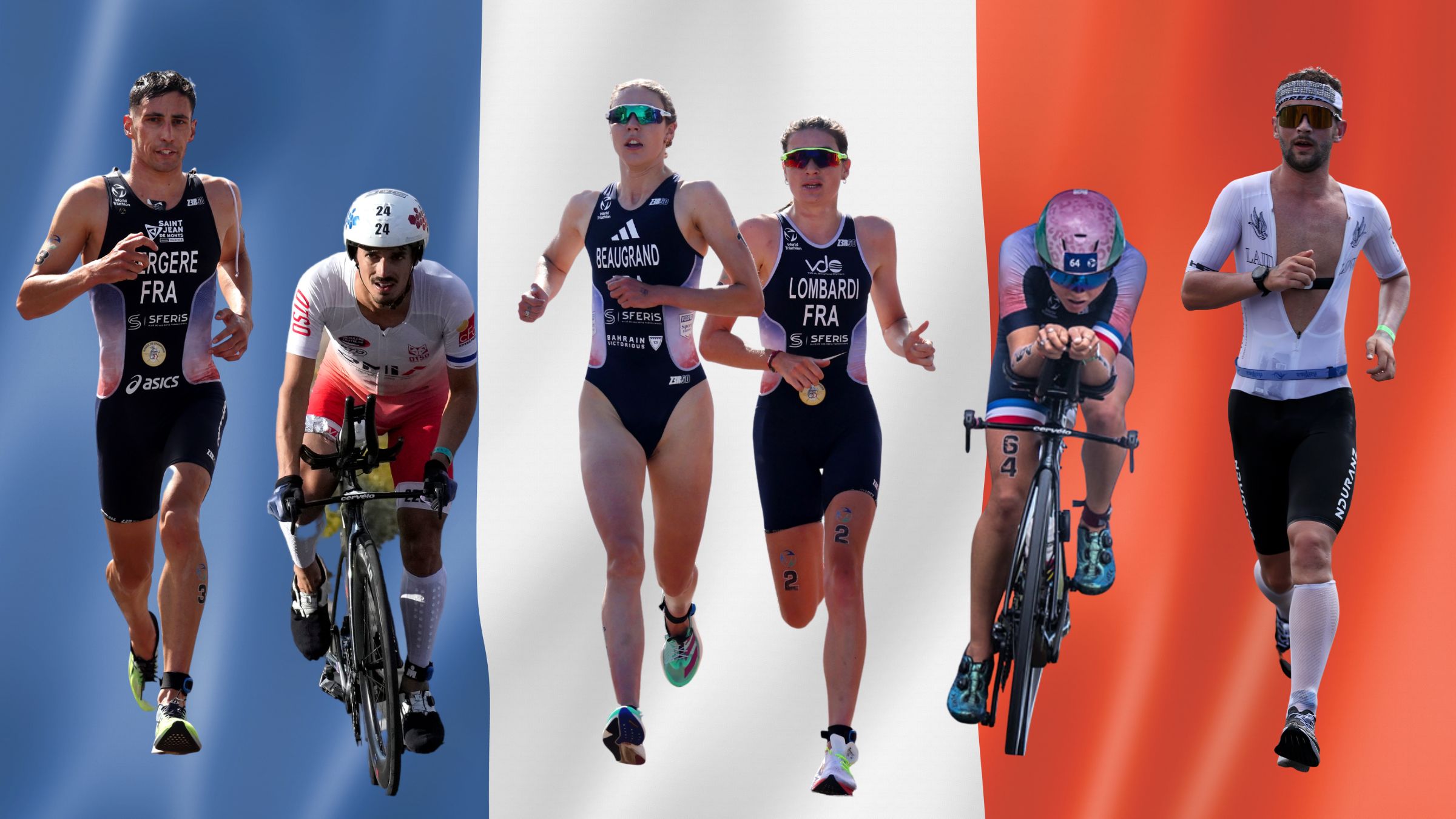A collage of french pro triathletes in front of a French flag.