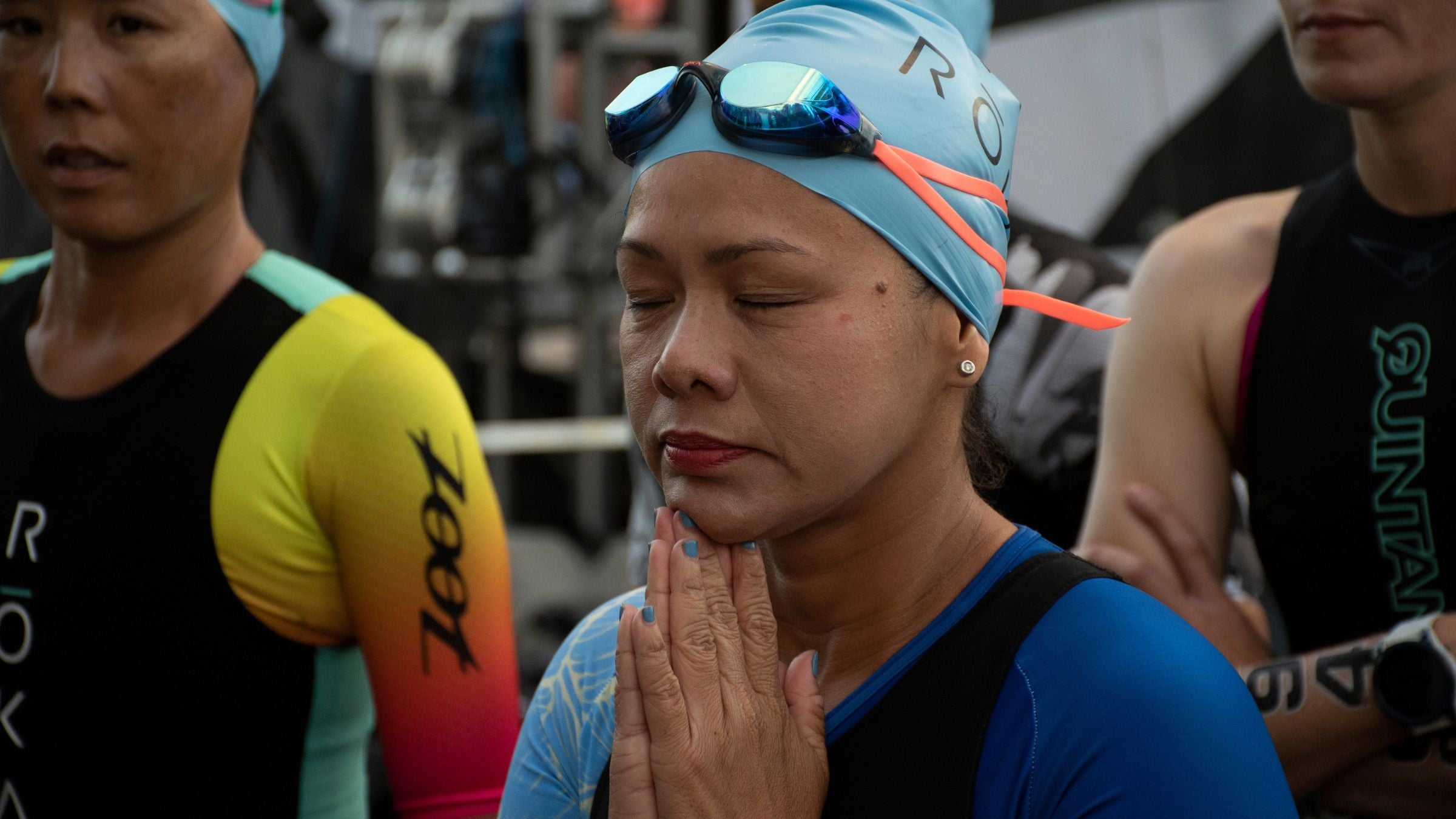 A triathlete engages in Self-talk before a triathlon.