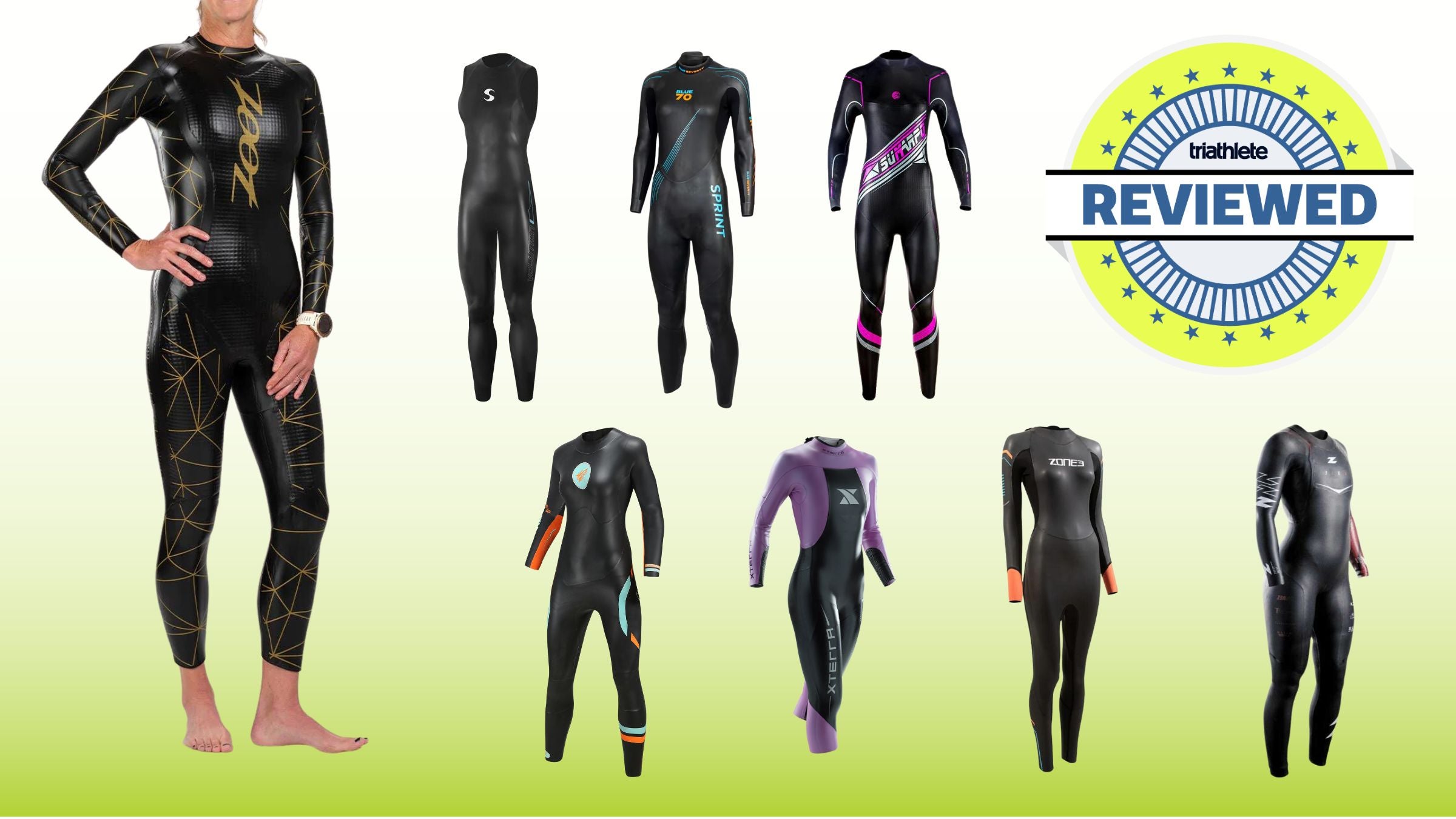 a collage of Best triathlon wetsuits for women, reviewed for this article