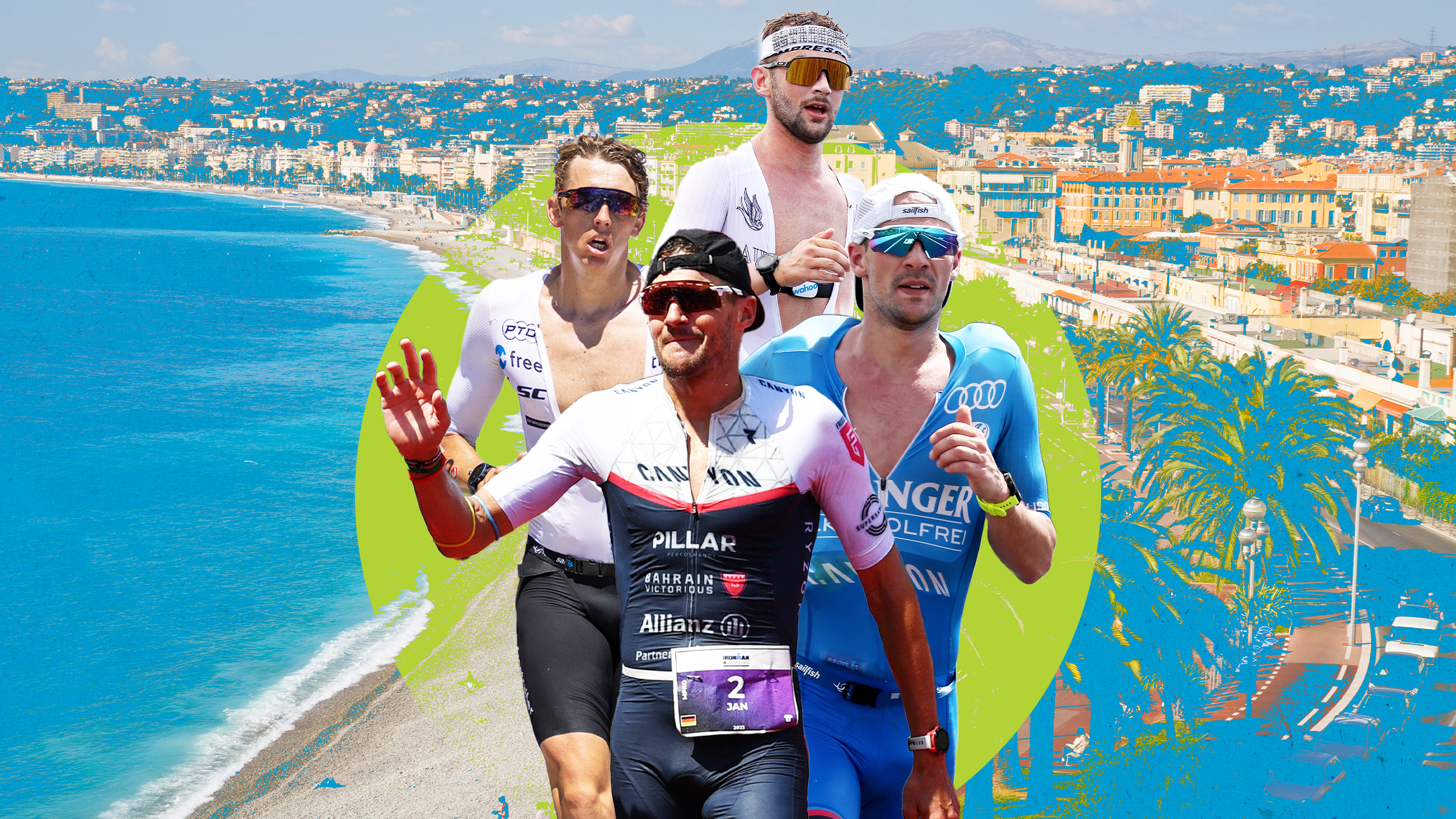 Graphic of the top contenders (Frodeno, Lange, Laidlow, Ditlev) for the men's Ironman World Championship in Nice, 2023