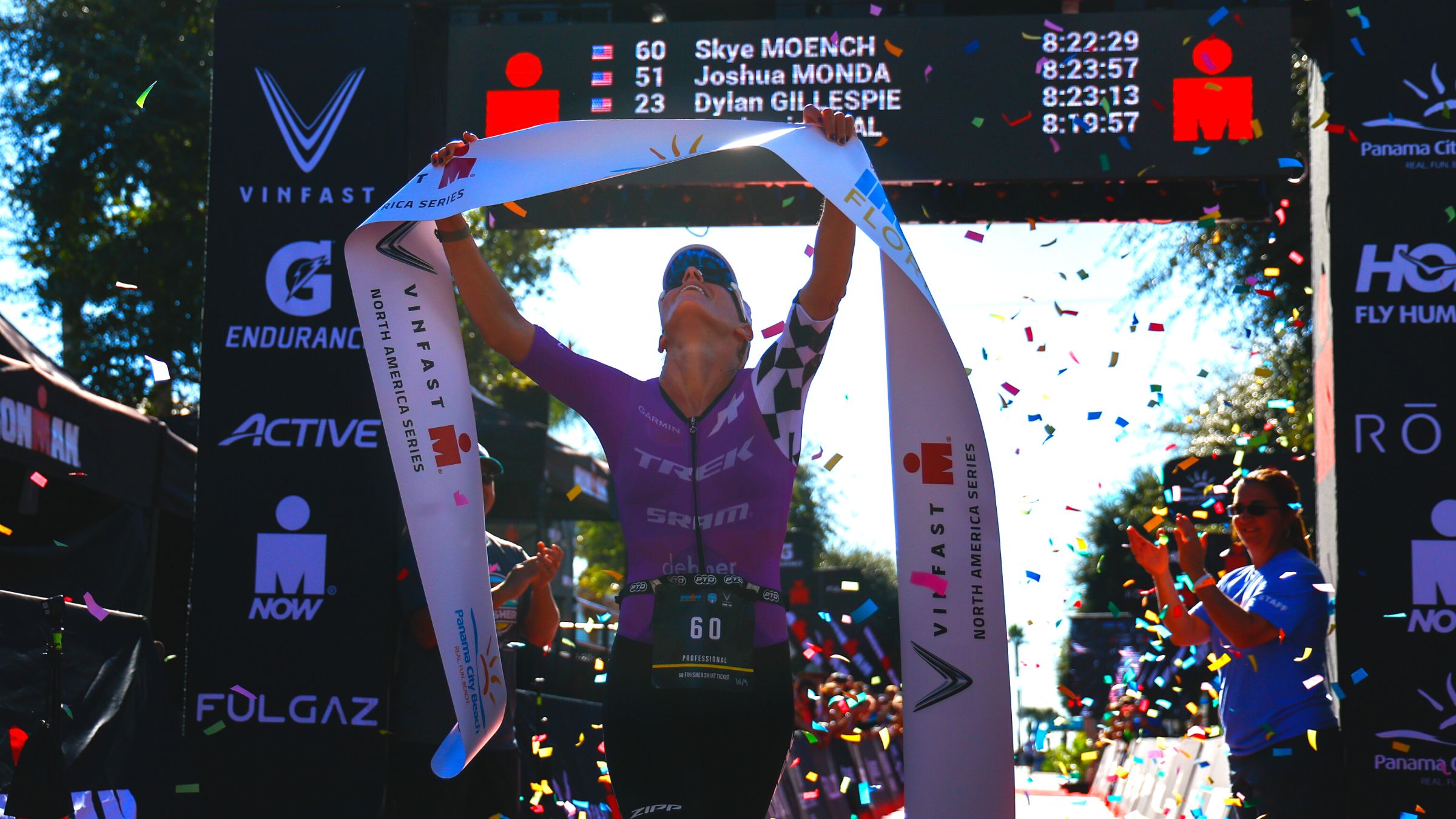 Skye Moench, professional triathlete, celebrates her win at Ironman Florida, where she set a U.S. record for the Ironman distance.