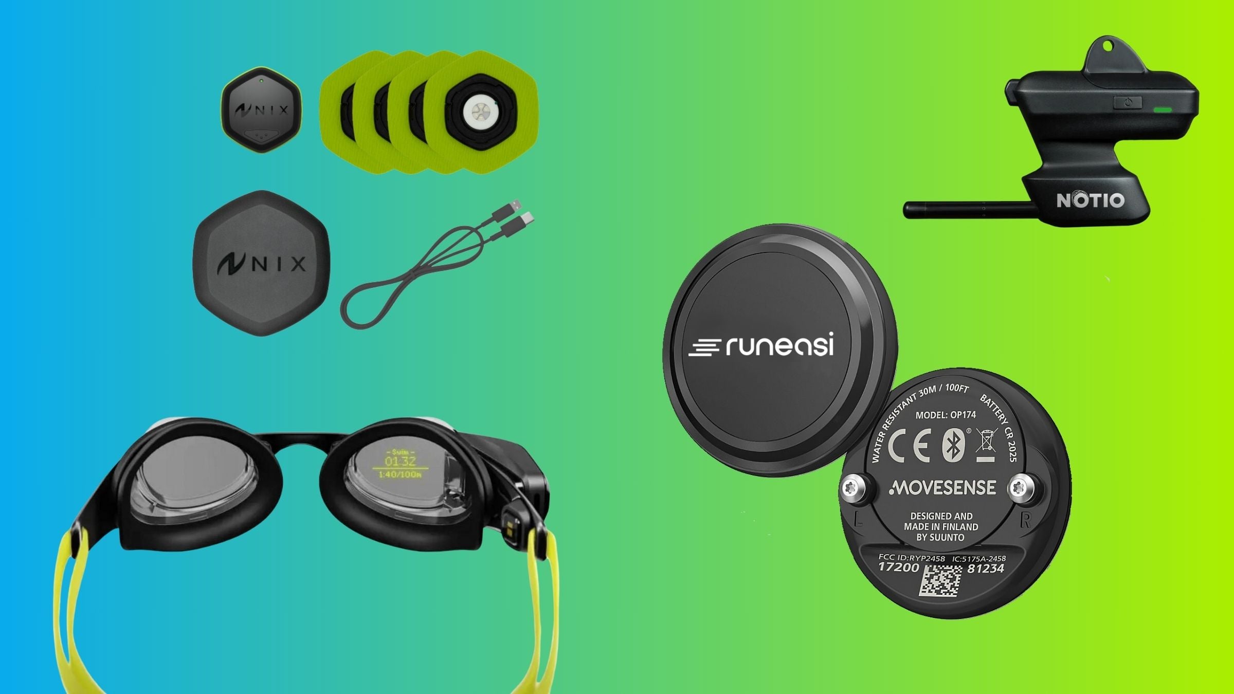 Emerging tri technology includes Form Swim Goggles, Nix Hydration sensors, Runeasi sensors, and Notio Aerodynamic sensors