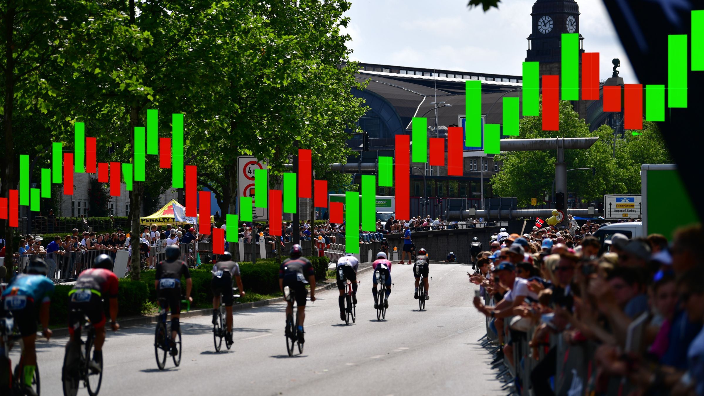 graphic of athletes cycling in Ironman event with green and red bar graph type graphics over it