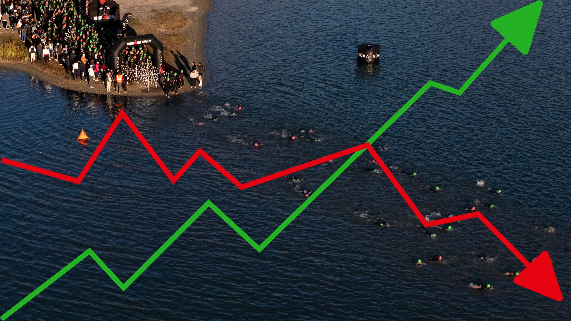 aerial photo of Ironman 70.3 swim with red and green arrow graphic overlaid