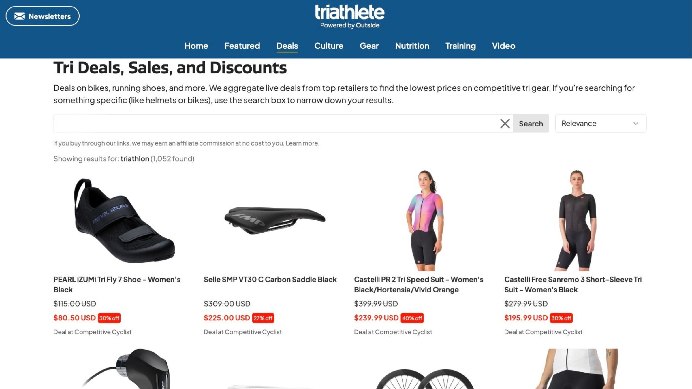 Triathlete's Deal Finder page helps you find equipment at discounted prices.