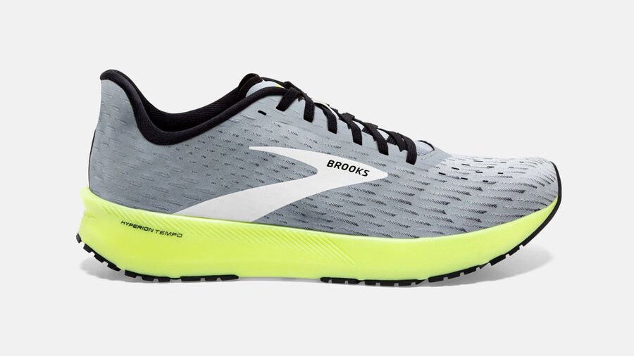 Gray and yellow Brooks Hyperion Tempo with black accents