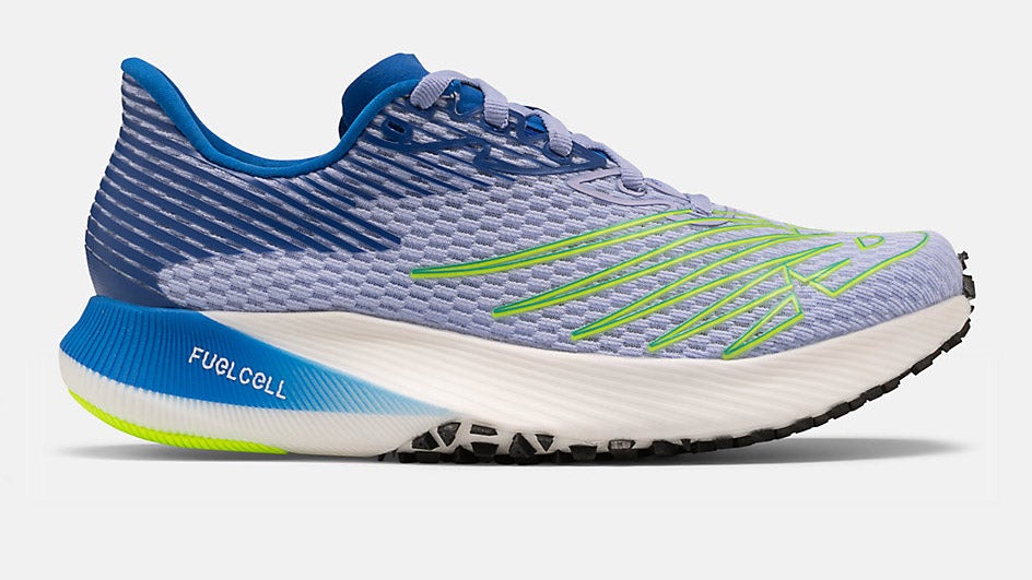 Blue and white New Balance Fuel Cell Elite with neon yellow accents
