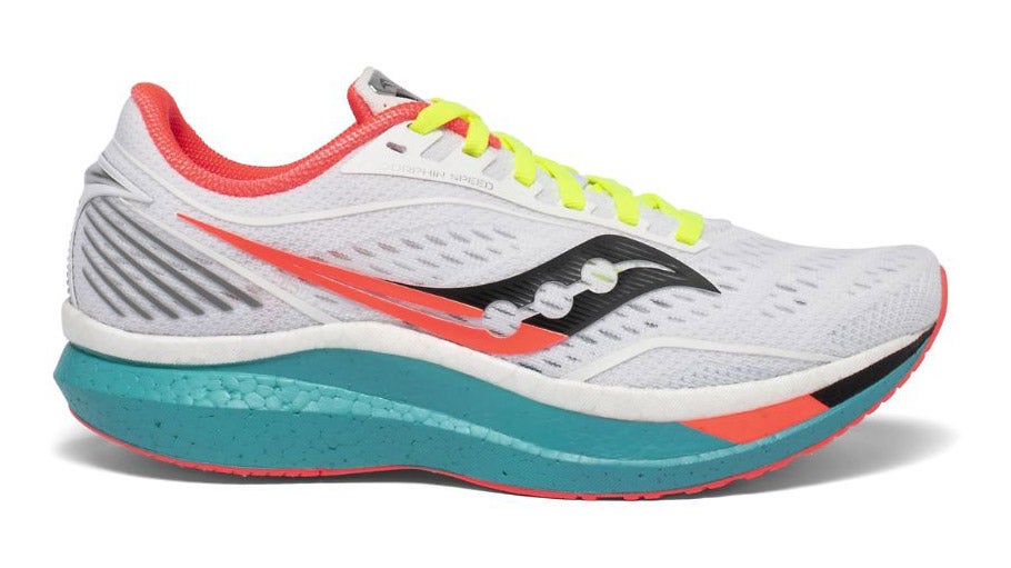 White, coral, and teal Saucony Endorphin Speed with neon yellow laces